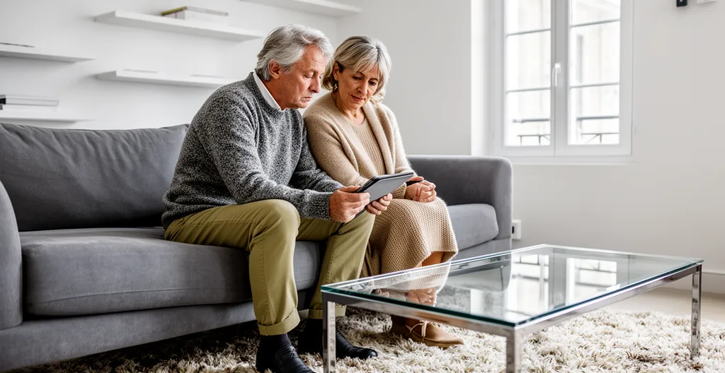 Couple cinquantenaire consultant tablette pour projet investissement immobilier Floride