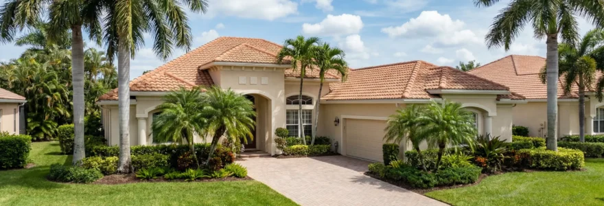 Maison individuelle typique Floride avec palmiers et ciel bleu, investissement locatif
