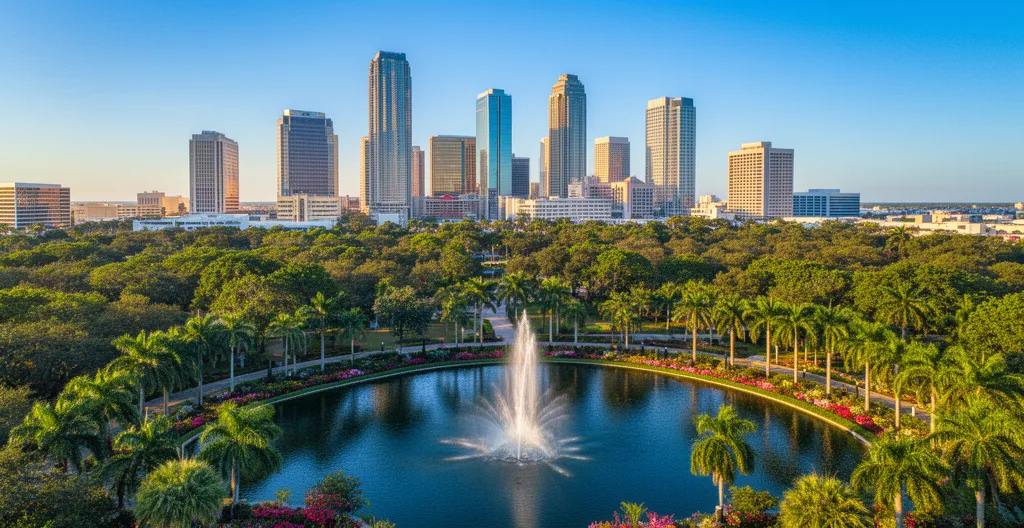Vue aérienne Orlando avec Lake Eola et gratte-ciels, marché immobilier dynamique